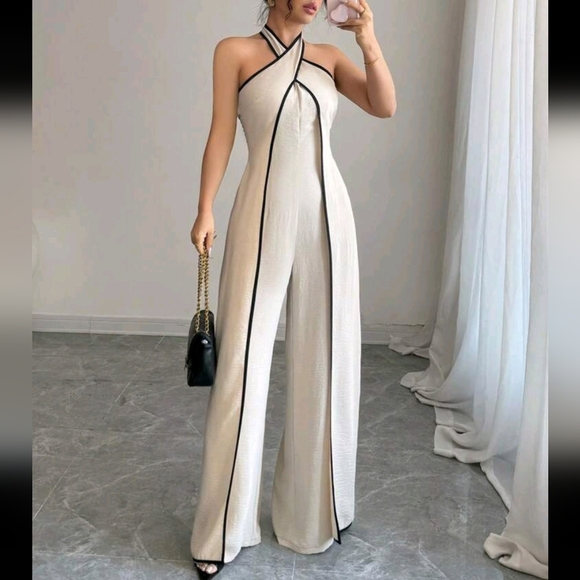 Pants - Women's Flared Leg Surplice Neck Jumpsuit